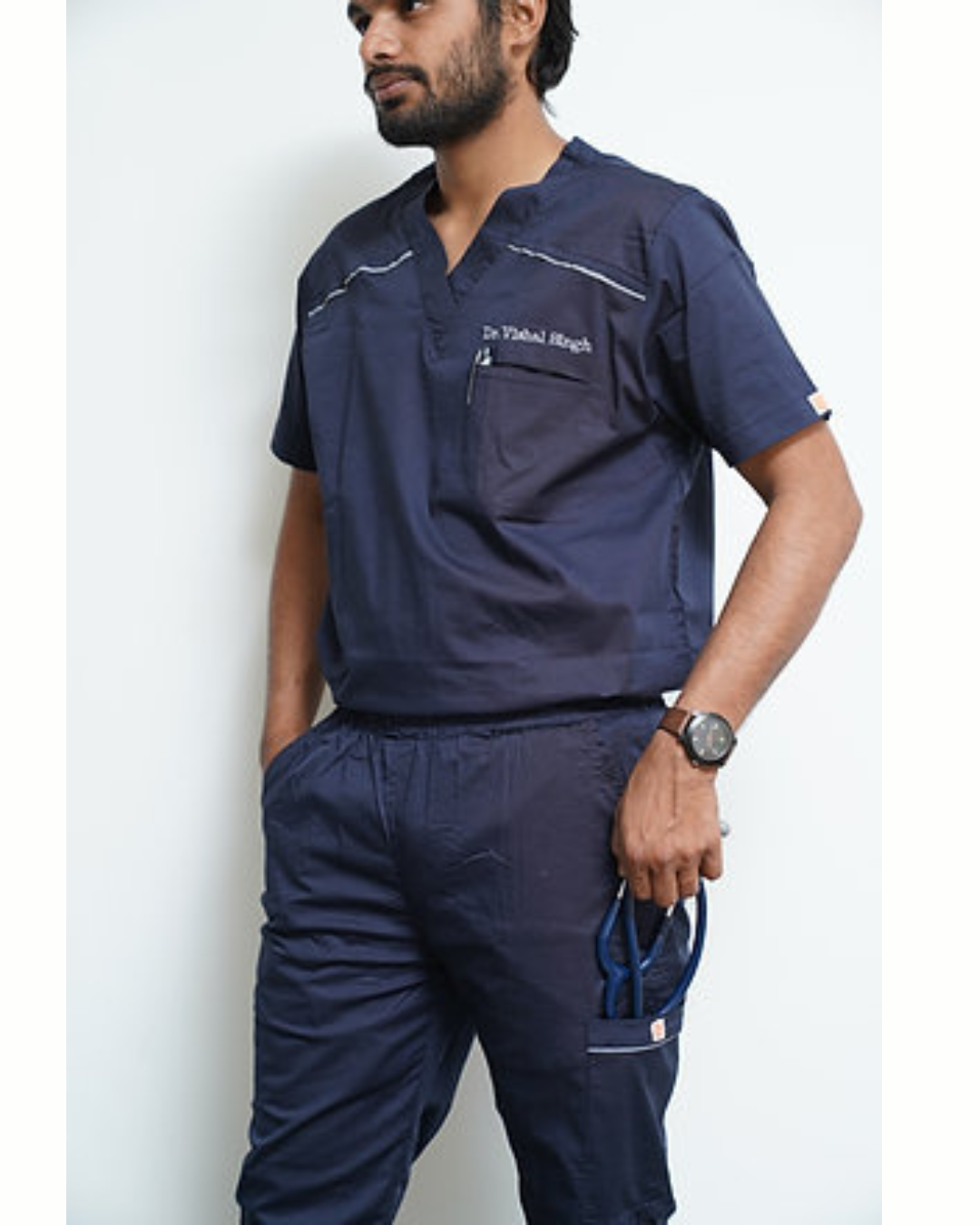Men Oxford Blue V neck Cotton scrubs