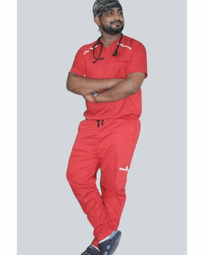 Men Elixir Red  V neck Cotton Stretch scrubs